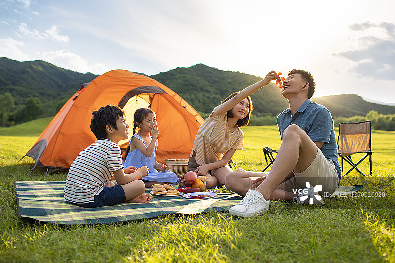 快乐的年轻家庭在户外野餐图片素材
