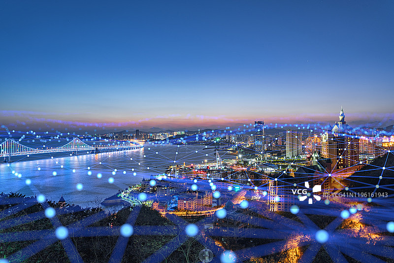 藍色網格線的城市天際線圖片素材