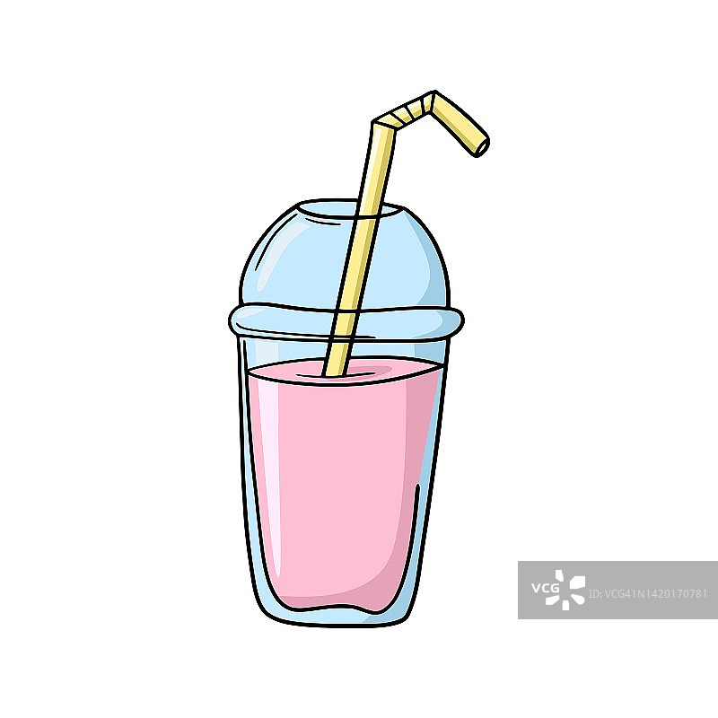 粉色水果奶昔，塑料杯里有一根吸管，矢量卡通圖片素材
