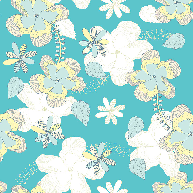 優雅無縫花卉背景素材，淡藍色背景線條花朵圖片素材