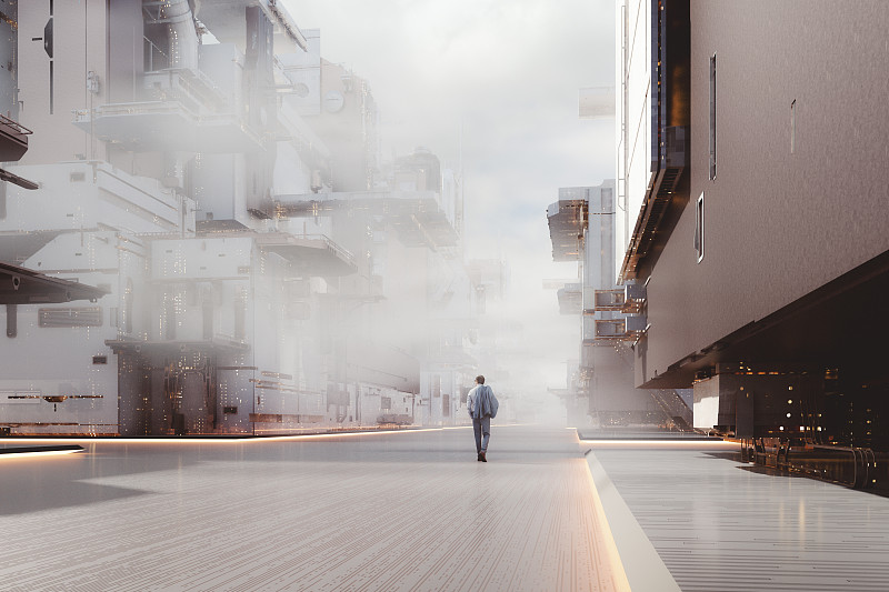 未來的明亮城市街道與孤獨的商人行走圖片素材
