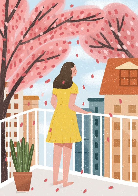 櫻花樹下穿裙子的女孩站在陽臺上圖片素材