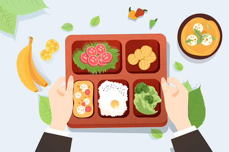 食堂餐盤就餐營養均衡飲食美食健康矢量插畫圖片