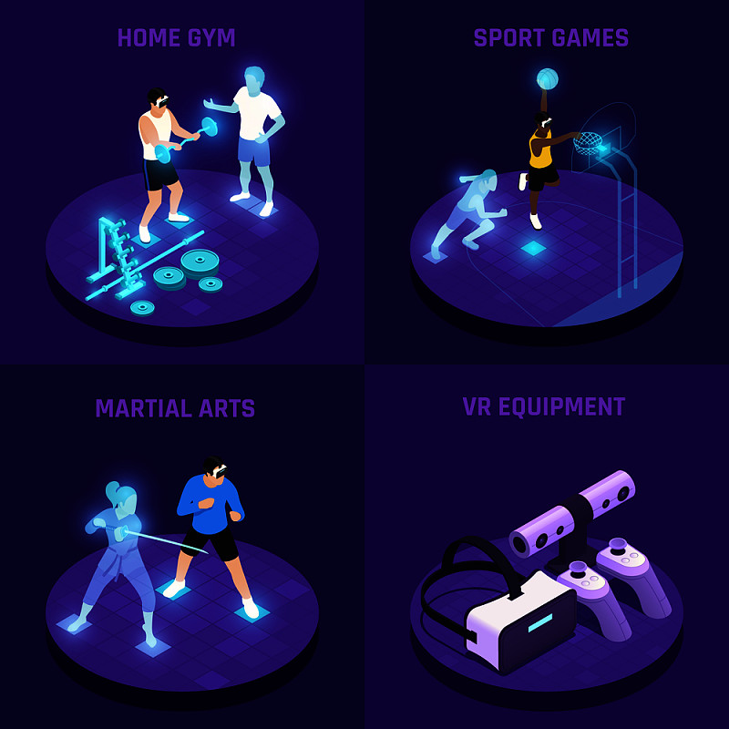VR運動等距設計理念用虛擬現實設備家居健身武術游戲孤立矢量插畫圖片