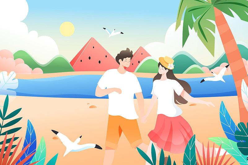 卡通夏季情侶約會出游旅游旅行自然風景海邊度假活動矢量插畫下載
