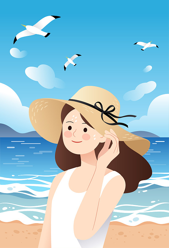 一个戴着草帽的女生在海边沙滩上图片下载