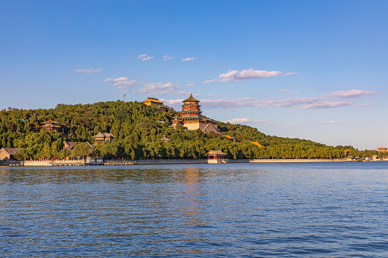 白昼北京首都昆明湖颐和园著名景点万寿山佛香阁公园观光船图片