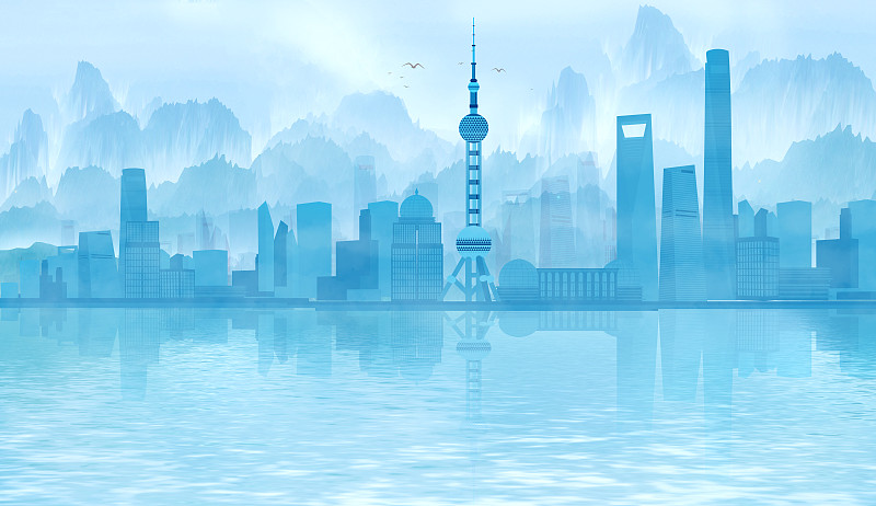 中國風的上海市建筑群插畫圖片