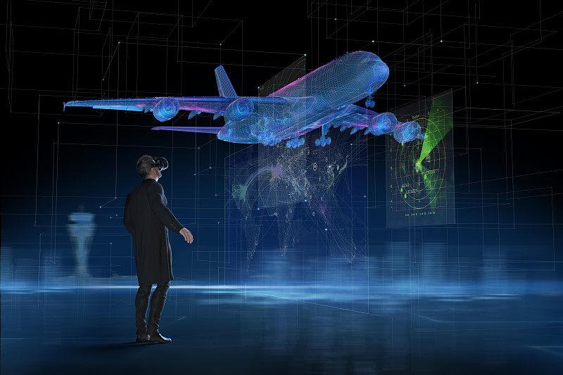 商人與VR頭盔觀看全息飛機起飛圖片素材