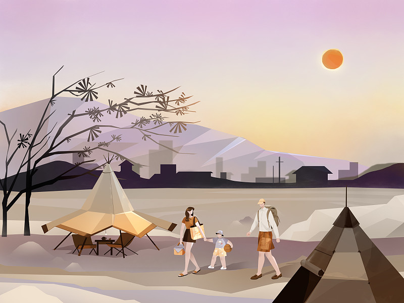 夏日黃昏日落家庭度假露營插畫圖片