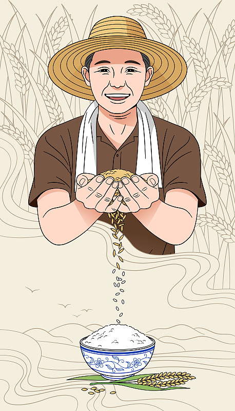 一個農民雙手捧著稻子和碗里的米飯等圖片素材
