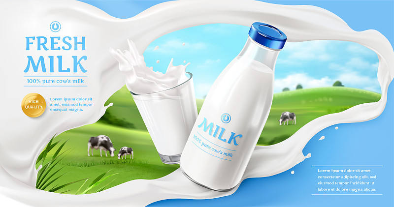 新鲜玻璃瓶牛奶横幅广告 牧场乳牛模糊背景图片下载