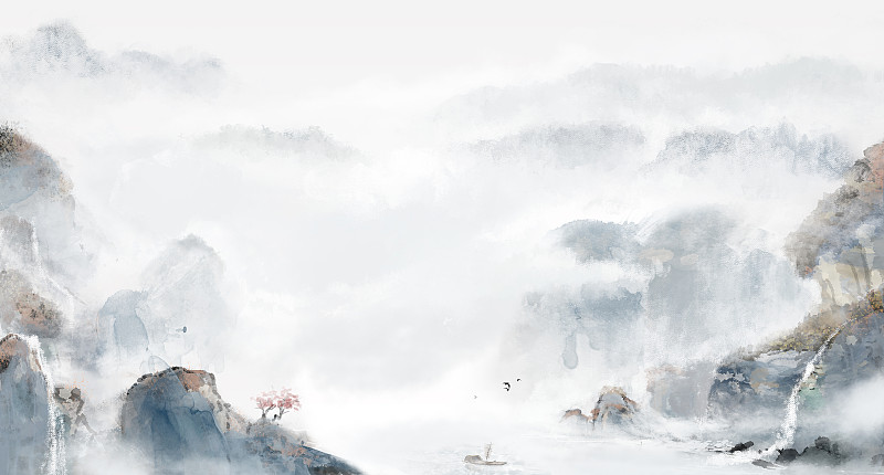 中國風意境山水畫背景插畫圖片