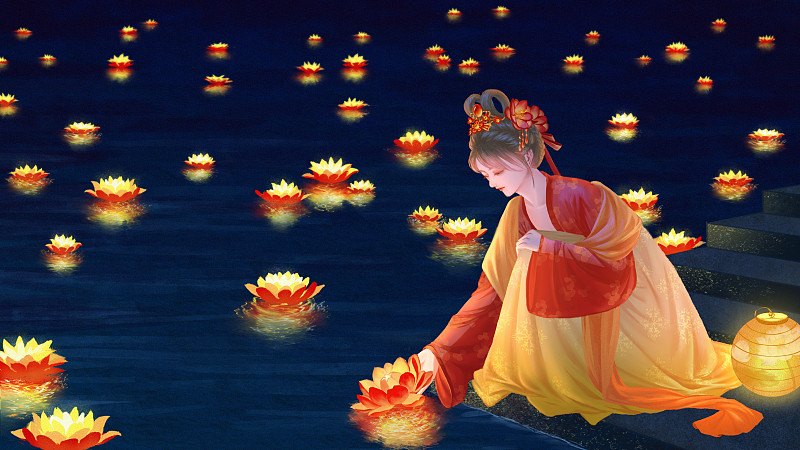 夜晚穿著漢服的少女蹲在水邊放河燈祈福圖片素材