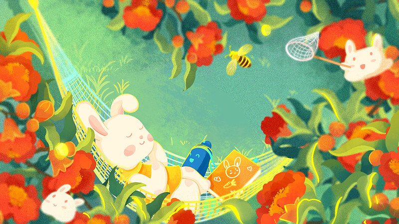 兔年五月石榴花下吊床小兔子蜜蜂系列插畫圖片