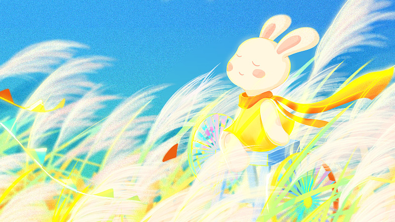 兔年十月風中蘆葦花小兔子金色系列插畫圖片