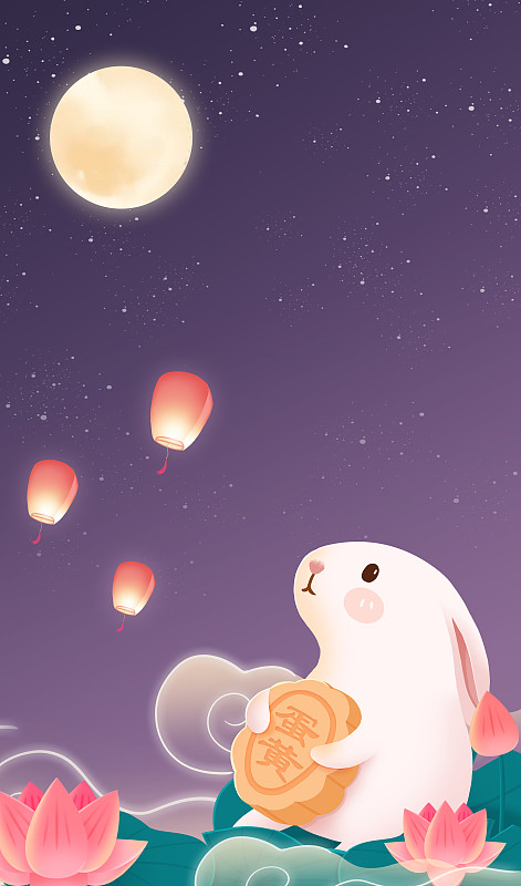中秋節，玉兔抱著一個月餅在賞月的豎版插畫圖片