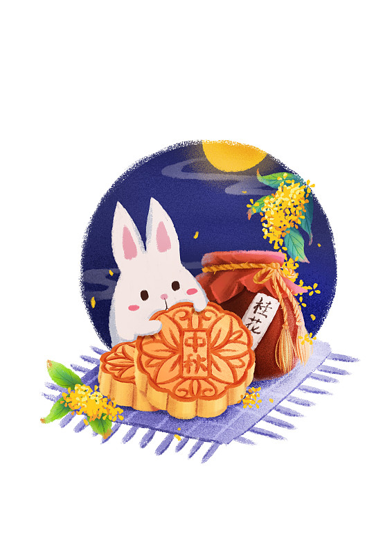 中秋節賞月 月兔抱月餅倚靠桂花酒圖片素材