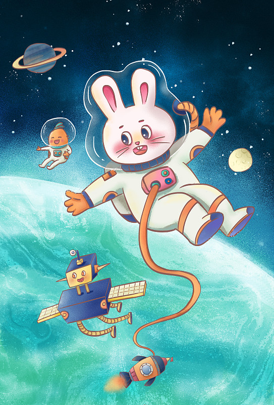 沖出地球的宇宙兔子插畫圖片