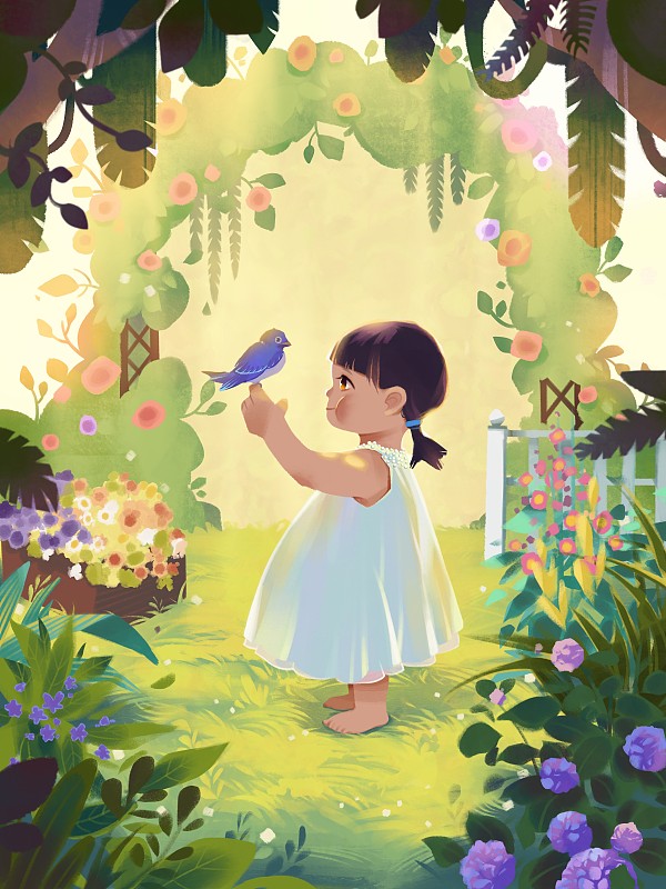 花園里的小女孩和小鳥圖片素材