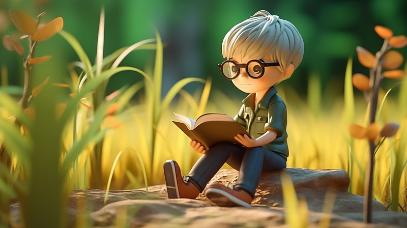 坐在草地上看書的可愛小男孩3d渲染圖片下載