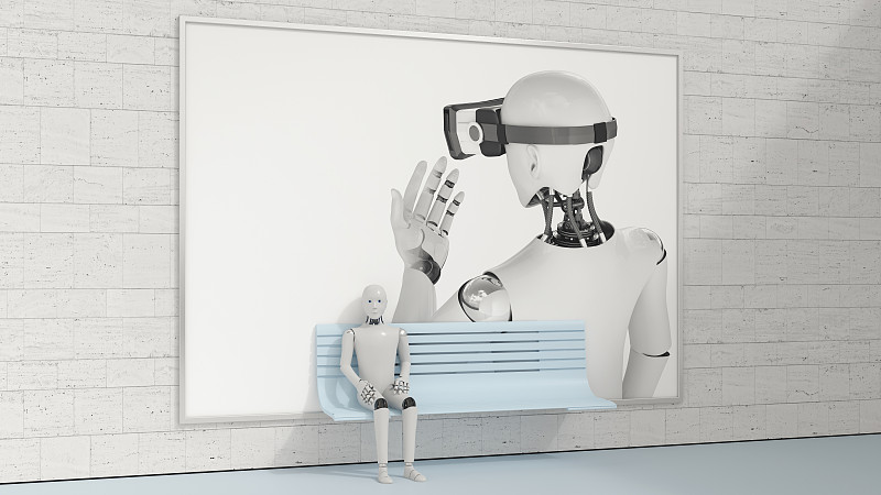 機器人坐在廣告牌前的長凳上，3D渲染圖片素材