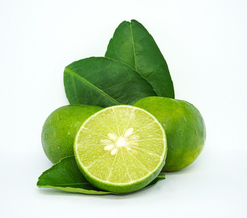 白色背景下的綠色檸檬片的特寫圖片素材