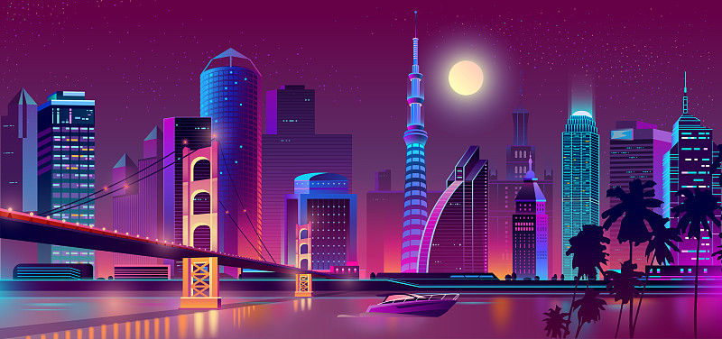 矢量背景與夜間城市霓虹燈圖片素材