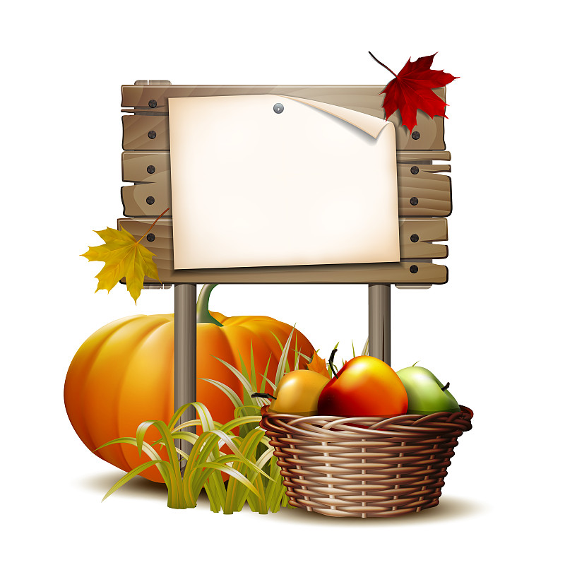 木制橫幅橙色的南瓜，秋天的樹葉和籃子充分成熟的蘋果圖片素材