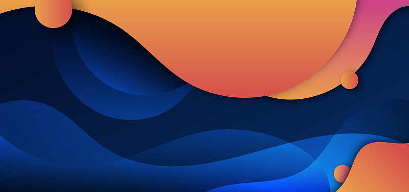 抽象的黃色和橙色流體形狀波彎曲與圓圈在深藍色的背景。圖片素材