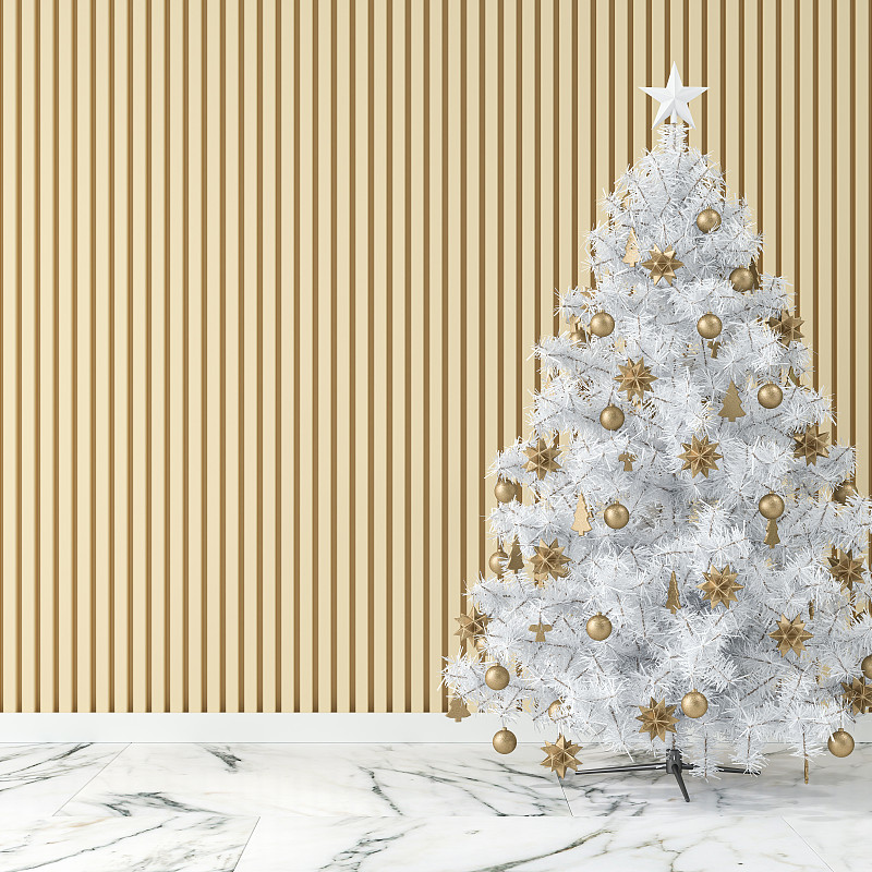 典雅豪華的房間，大理石地板上的圣誕樹和金色的木板墻背景圖片素材