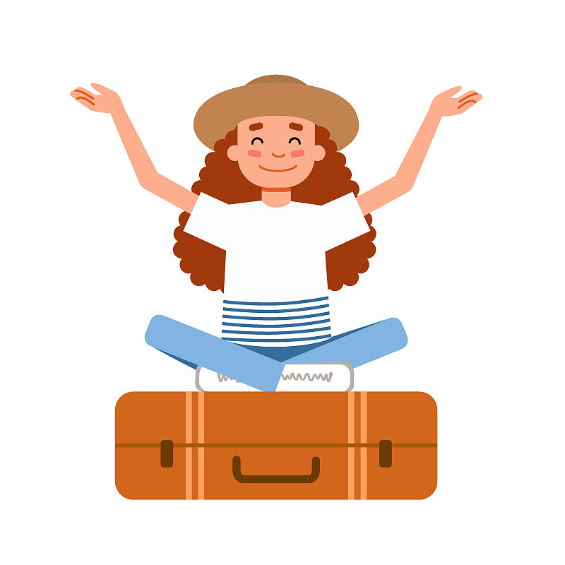 一個戴帽子的女孩正以蓮姿坐在手提箱上。一個人享受假期。插畫圖片