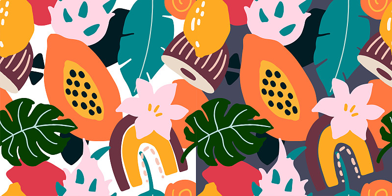抽象多彩的簡單幾何熱帶形狀，波西米亞形狀。葉，花，椰子，木瓜果?，F代簡單抽象的背景無縫圖案。包裝紙，墻紙，布料插畫圖片