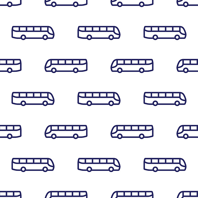 藍色輪廓線性客運客車孤立在白色背景。側視圖。單色無縫模式。矢量簡單的平面圖形插圖。紋理。插畫圖片