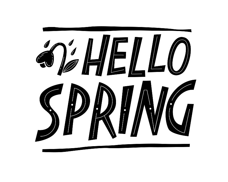 可愛的手繪字句:你好，春天。孤立矢量排版設計與雨滴和第一朵花。插畫圖片