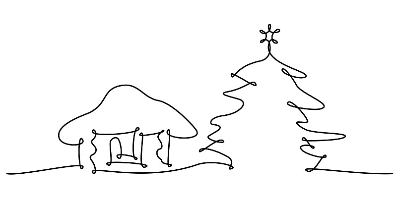Сhristmas樹和房子連續線繪制冬季景觀單線孤立矢量插圖插畫圖片
