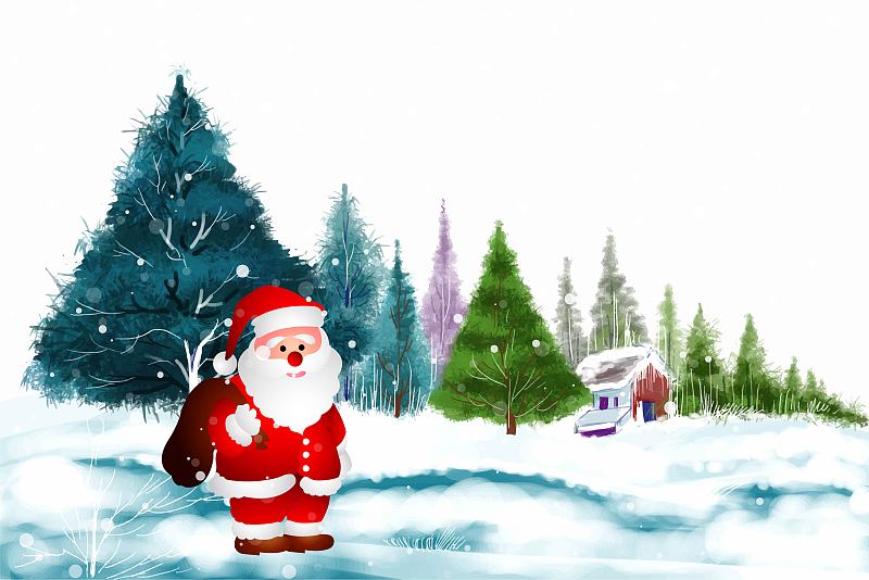 冬季景觀與飄落的圣誕雪和圣誕樹節日賀卡的背景插畫圖片