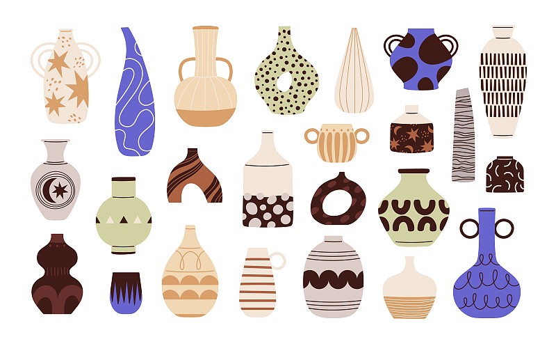 平不同的花瓶。陶瓷北歐花瓶和鍋，極簡風格的裝飾壺。時尚風格的陶罐，杯子和活潑的碗矢量集插畫圖片
