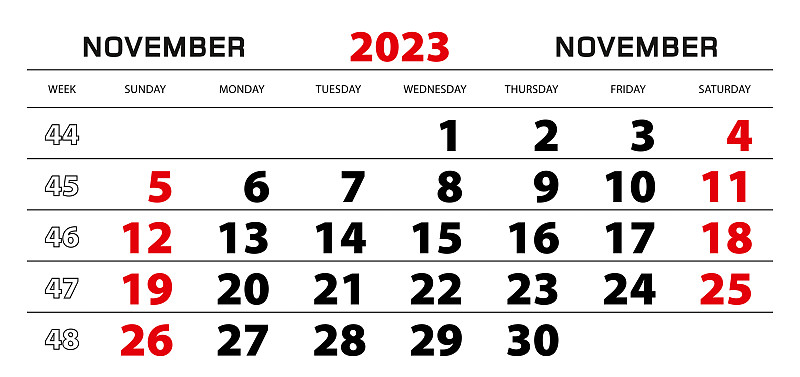 2023年歷為11月，周從星期天開始。插畫圖片