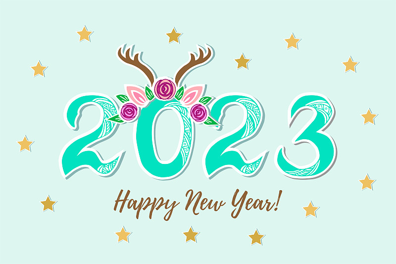 矢量插畫2023與鹿頭飾作為新年快樂明信片，聚會邀請，明信片動機，圣誕快樂卡。矢量插圖。下載