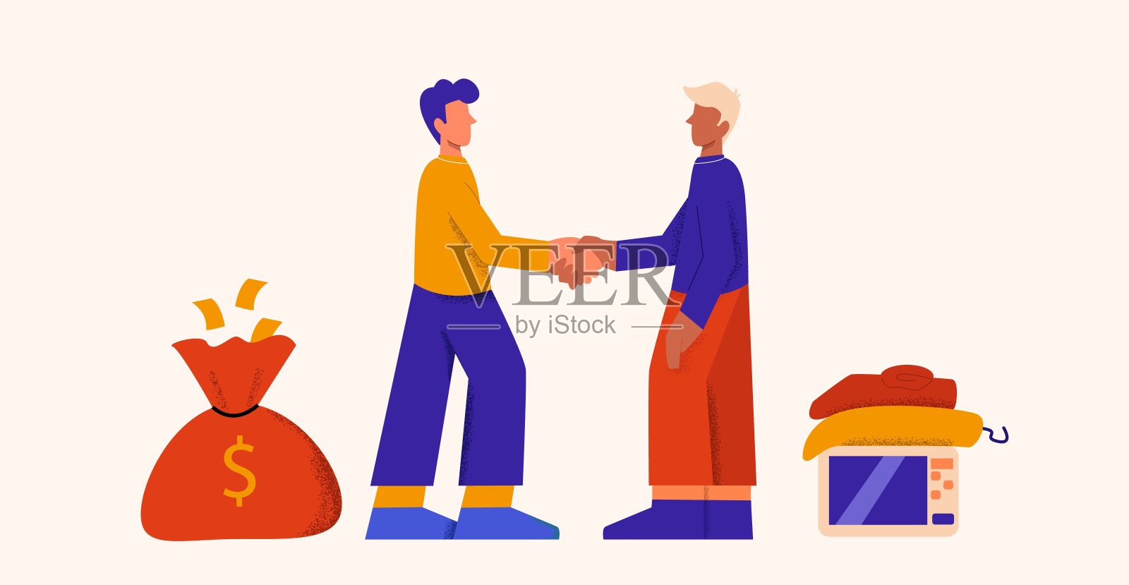 两个卡通人做买卖交易握手换钱的东西矢量平面插图插画图片素材