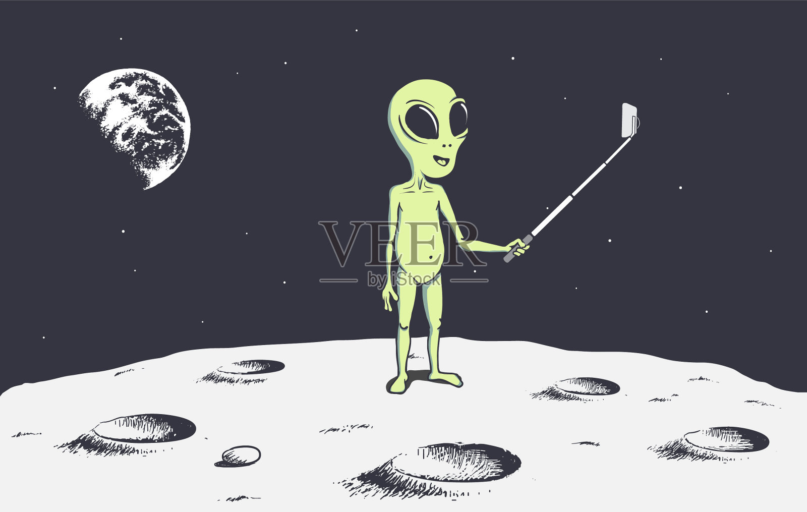 外星人在月球上自拍插画图片素材