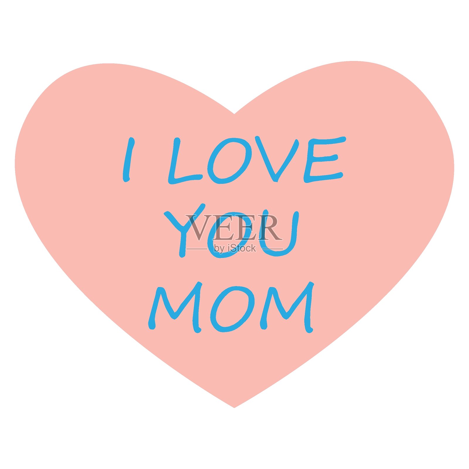 我爱妈妈柔软的蓝色文字和一个粉红色的心标志。插画图片素材
