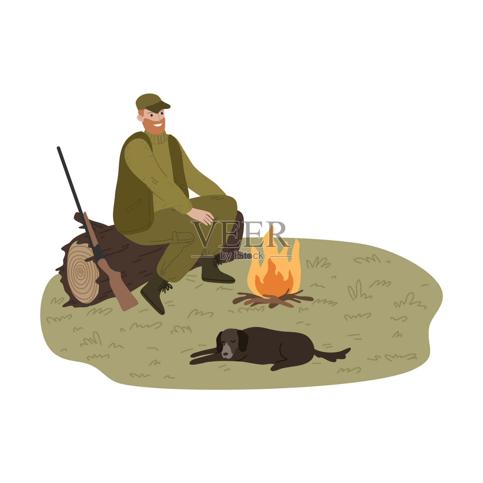 獵人與狗在火附近升溫設計模板素材