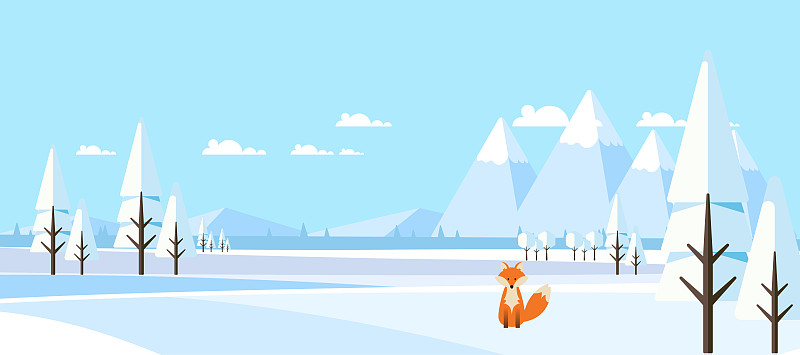 冬季景觀與狐貍在平面風格插圖圖片素材