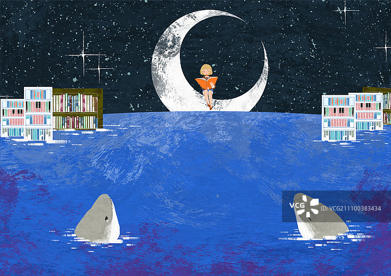 坐在月亮上的女孩漂浮在海洋上图片素材