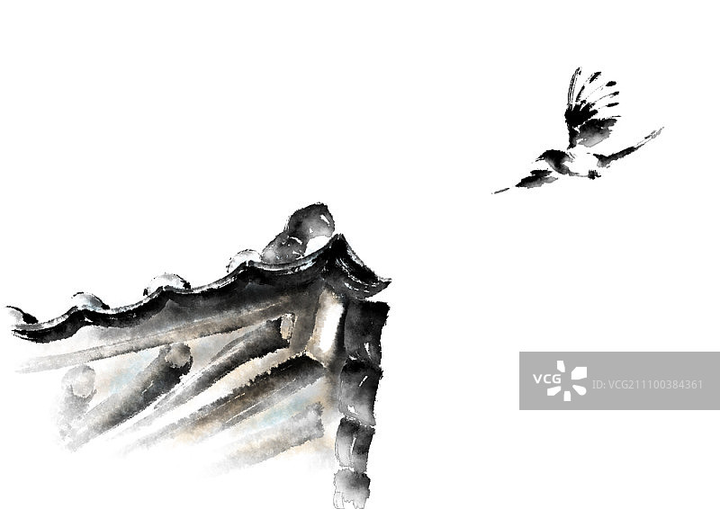 鸟儿飞向韩国传统民居的屋檐图片素材