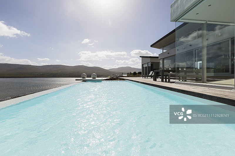 阳光明媚宁静的现代豪华住宅展示外观与无限游泳池和海景图片素材