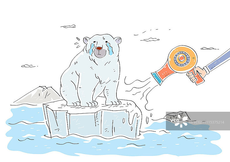 吹风机和北极熊一起融化冰川图片素材