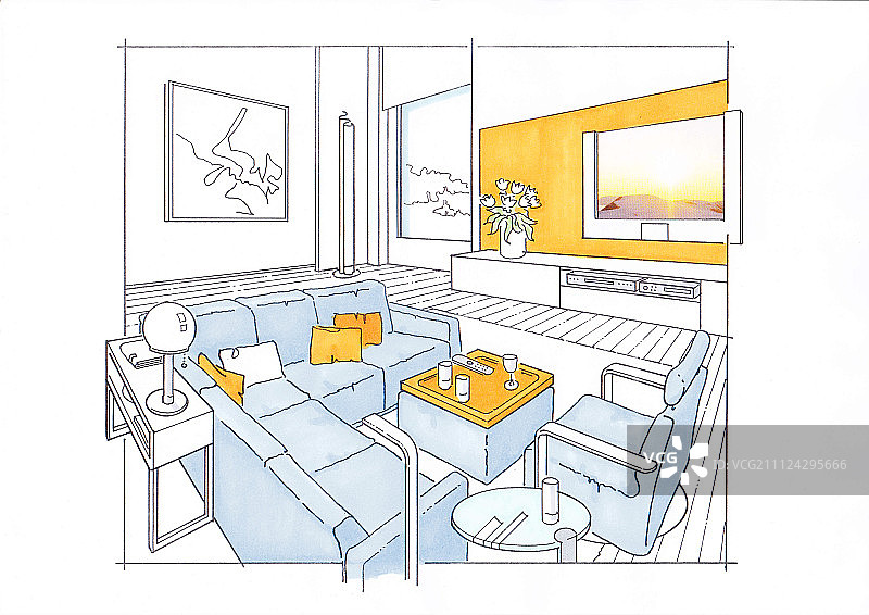 休息区的插图，沙发，电视和墙上的画图片素材